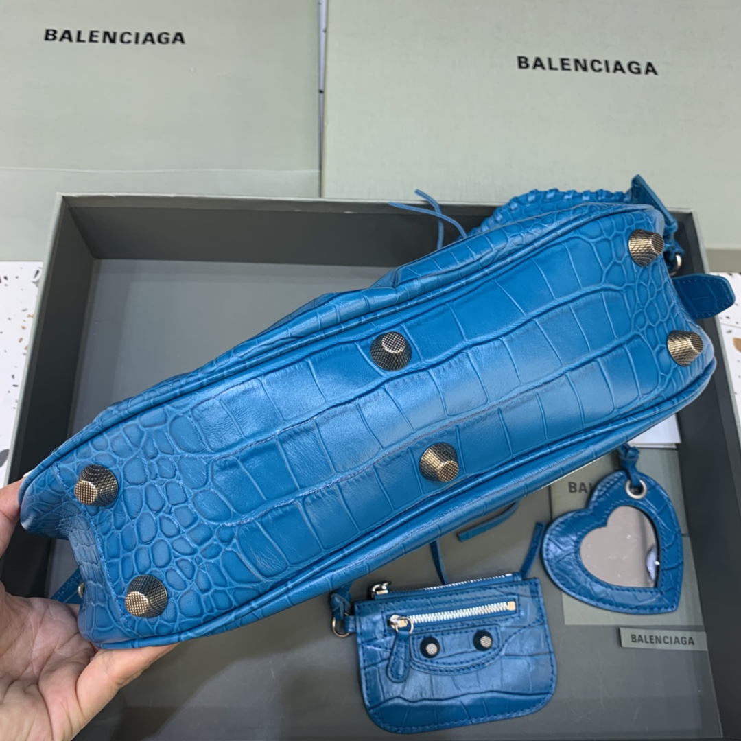 Balenciaga Le Cagole Small Shoulder Bag Crocodile Embossed Blue